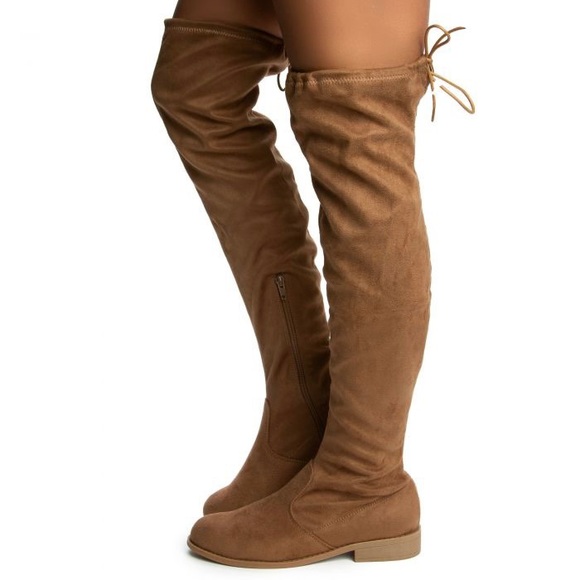 NWT Women’s Size 7 Wild Diva Oksana Over The Knee Drawstring Boot In Taupe Color - Picture 2 of 11